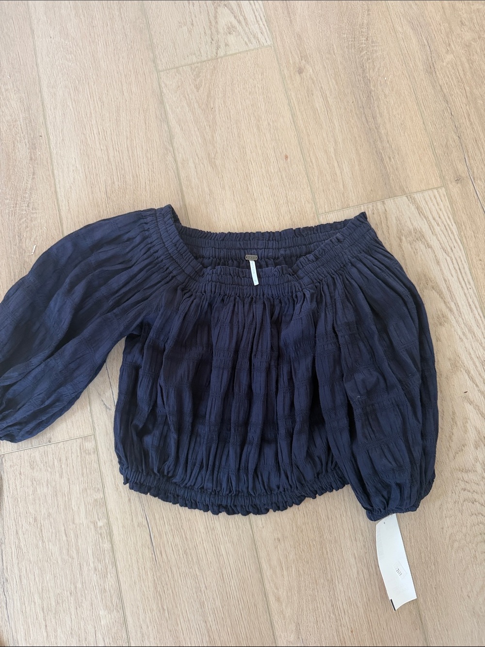 Off-Shoulder Navy Smocked Peasant Top